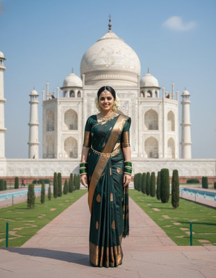 Bindi Woven Banarasi Jacquard Saree(Dark Green)