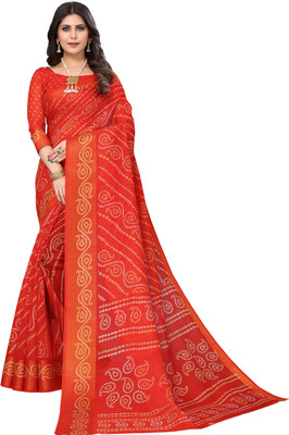 Nirvaan Printed Bandhani Linen Saree(Red)
