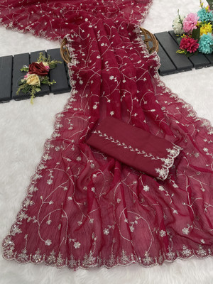 BELLETRENDZ Embroidered Bollywood Art Silk Saree(Red)