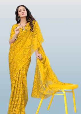 SwiftStyle Solid/Plain Bollywood Net Saree(Yellow)