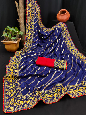 DRIZOMIZ Embroidered Bollywood Silk Blend Saree(Dark Blue)