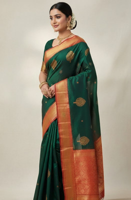 sarees Woven Kanjivaram Raw Silk Saree(Dark Green)