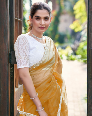 SIRIL Embellished Bollywood Net Saree(Yellow)