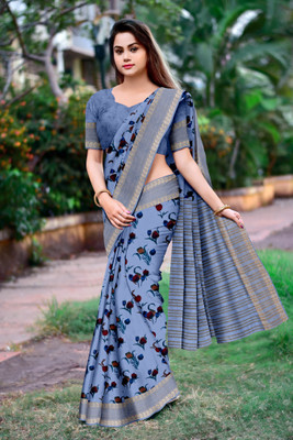 HouseOfCommon Floral Print Daily Wear Tussar Silk Saree(Light Blue)