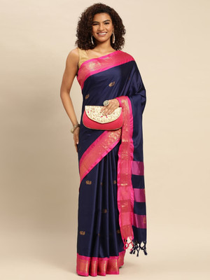 HouseOfCommon Woven, Embellished, Checkered Bollywood Cotton Silk, Jacquard Saree(Dark Blue, Pink, Gold)