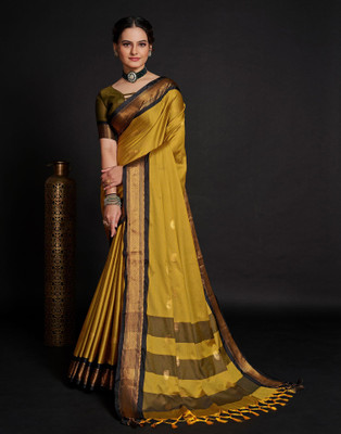 Samah Woven, Embellished Banarasi Silk Blend Saree(Mustard, Black)
