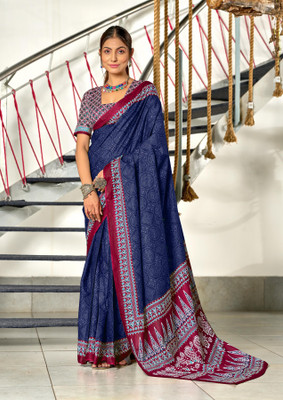 Divastri Blocked Printed, Printed Chanderi Cotton Blend Saree(Blue)