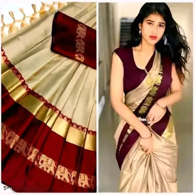 Mortal Textile Animal Print Assam Silk Cotton Silk Saree(Beige)