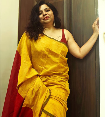 Mznari Solid/Plain Handloom Cotton Silk Saree(Yellow)