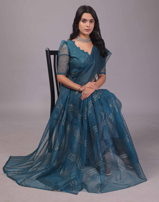 PATTARI Embellished Bollywood Net Saree(Blue)