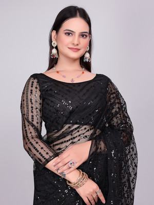 FAMOUS ZONE Embroidered Bollywood Net Saree(Black)
