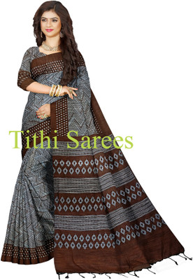 maadurga Printed Sambalpuri Cotton Blend Saree(Silver)