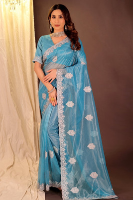 Saadhvi Embroidered Bollywood Net Saree(Light Blue)