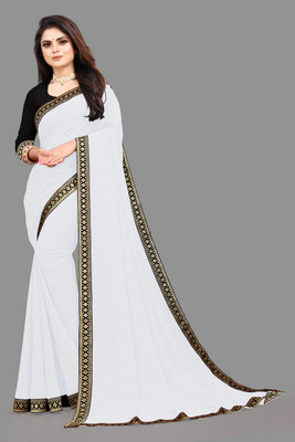 Aai shree khodiyar Solid/Plain, Embroidered Daily Wear Georgette, Chiffon Saree(White)