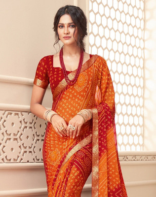 Samah Printed Bandhani Georgette, Chiffon Saree(Red, Orange)
