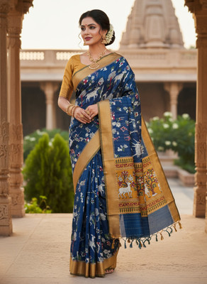 LOHEE Digital Print, Animal Print, Floral Print, Woven Kalamkari Silk Blend Saree(Maroon, Dark Green)