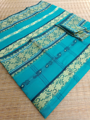 KhayaFashion Woven Tant Pure Cotton Saree(Light Blue)