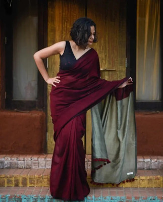 SRINJAN FASHION Woven Handloom Handloom Cotton Blend Saree(Maroon)