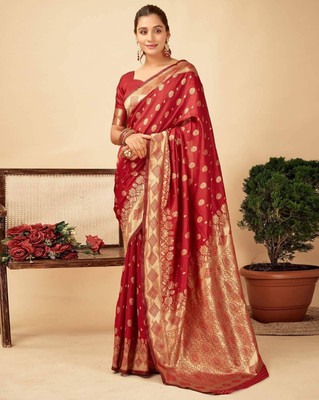 ANIRAV Printed Kanjivaram Cotton Silk, Jacquard Saree(Red)