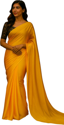 LOKAVANYA Solid/Plain Bollywood Satin Saree(Yellow)
