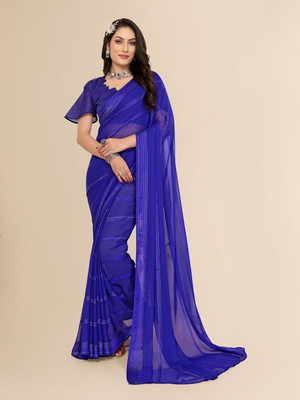 Moda Rapido Striped Daily Wear Satin Saree(Blue)