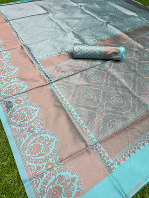 Rudr Venture Digital Print Banarasi Jacquard Saree(Blue)