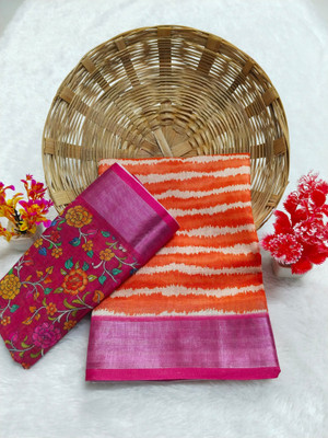 HangerStories Woven Kanjivaram Pure Cotton, Cotton Linen Saree(Orange, Pink)