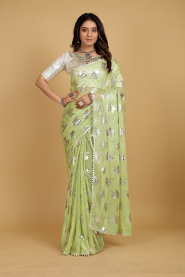 Aadishakti Fashion Embellished Bollywood Lycra Blend Saree(Light Green)