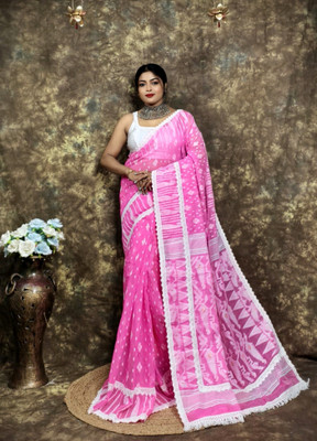 RIDDHIMAN FASHION Woven Jamdani Cotton Silk Saree(Pink, White)