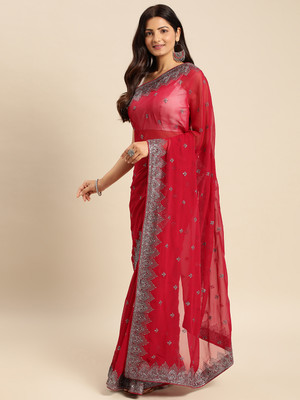 KASEE Embellished, Embroidered, Woven Bollywood Georgette Saree(Red)