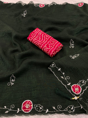 KONICA FAB Embellished Bollywood Chiffon Saree(Dark Green)