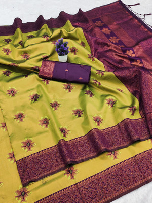 AVANTIKA FASHION Woven Kanjivaram Pure Silk, Art Silk Saree(Yellow, Purple)