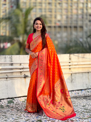 all about you Woven Paithani Silk Blend Saree(Orange)