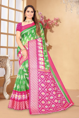 Suali Printed Bandhani Art Silk Saree(Green)
