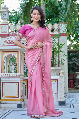 Ttex Embroidered Bollywood Viscose Rayon Saree(Pink)