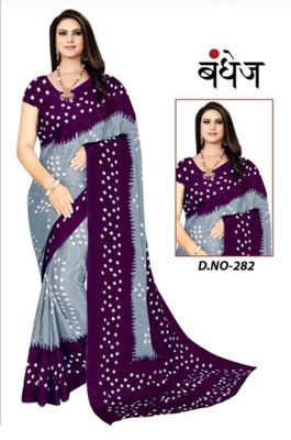 jihana fab Printed Bandhani Chiffon, Silk Blend Saree(Grey)
