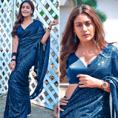 AnjaniTextiles Embroidered, Embellished Bollywood Georgette Saree(Light Blue)