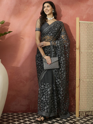 Sangria Embroidered Saree with Attached Blouse Net Saree(Grey)