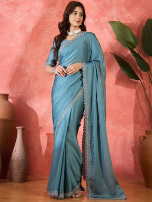 Sangria Embellished Saree with Attached Blouse Silk Blend Saree(Light Blue)