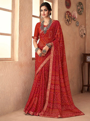 ANOUK Embellished Bandhani Chiffon Saree(Red)