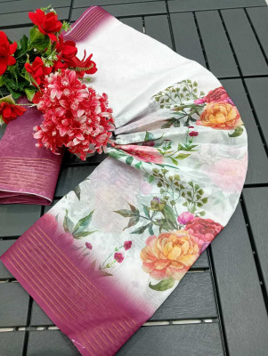 HouseOfCommon Floral Print Kanjivaram Chanderi, Pure Silk Saree(White, Pink)