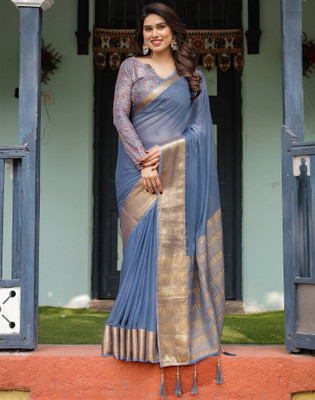 Satrani Woven, Embellished Mangalagiri Chiffon Saree(Blue)