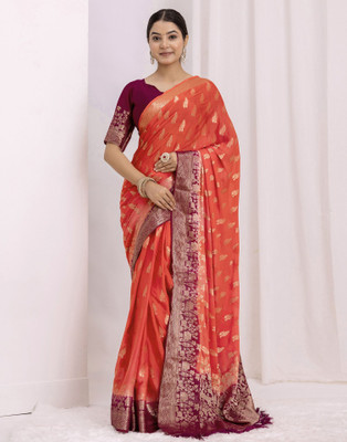 Satrani Woven, Self Design Bollywood Chiffon Saree(Pink, Purple)