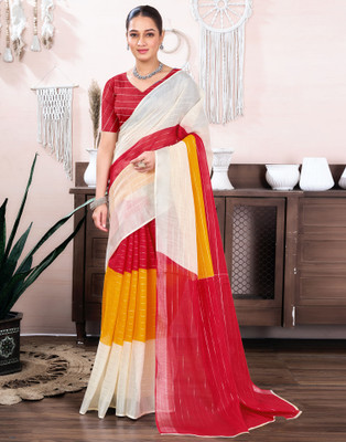 Samah Ombre, Embellished, Striped Bollywood Cotton Linen Saree(Red, Yellow, White)