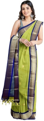 Dnyanada Embroidered Paithani Cotton Silk Saree(Light Green, Dark Blue)