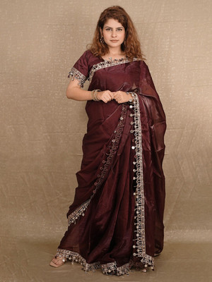 ANOUK Embellished Saree with Attached Blouse Organza Saree(Orange)