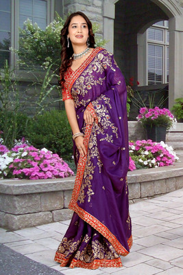 Aksh Fashion Embroidered Bollywood Georgette Saree(Purple)