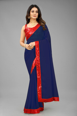 Maruti Creation Embroidered Bollywood Georgette, Crepe Saree(Dark Blue)