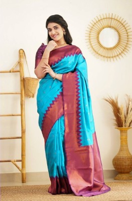 SariSphere Solid/Plain Banarasi Cotton Silk Saree(Light Blue)