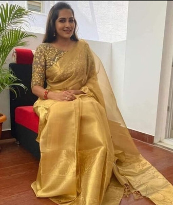SakeenaFab Woven Banarasi Tissue Saree(Gold)